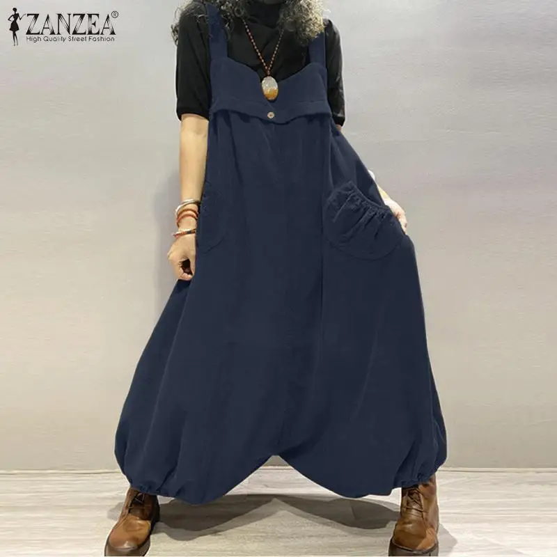 

ZANZEA Autumn Vintage Solid Wide Leg Overalls Loose Playsuits Women Corduroy Jumpsuits Suspenders Casual Drop-Crotch Rompers