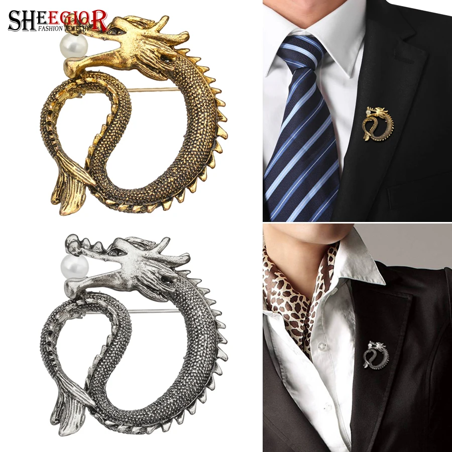 Винтажная брошь в виде китайского дракона булавки металлический мужской значок