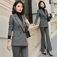 stripe large size ladies suits gray casual simple blazer dress stylish giacca donna retro office autumn women pant suit mm60ntz