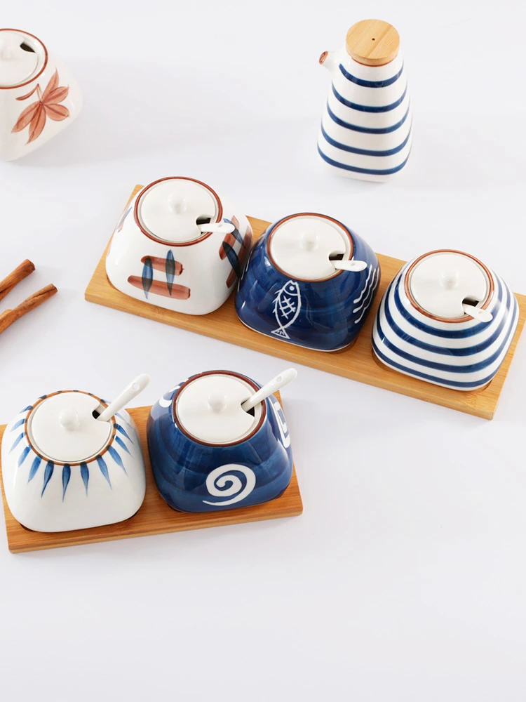Set of 4 Ceramic Seasoning Rack Spice Pots Bowls With Spoon & Porcelain Box Storage Container Condiment Jars pepper jar CL051011 | Дом и