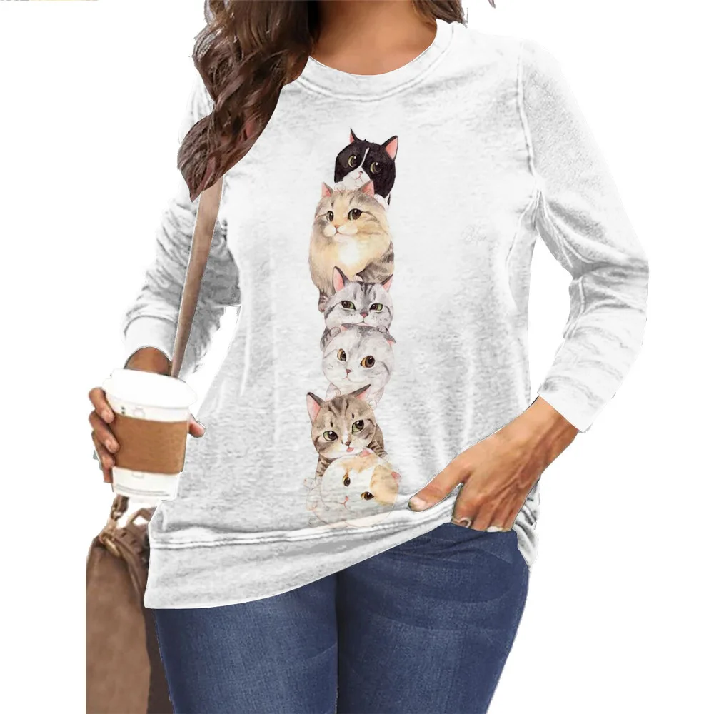 

Cute Cat 3D Print T-shirt Women Casual O-Neck Long Sleeve Tops 2021 Spring Autumn Streetwear Lady Oversized Tees Tops Blouses