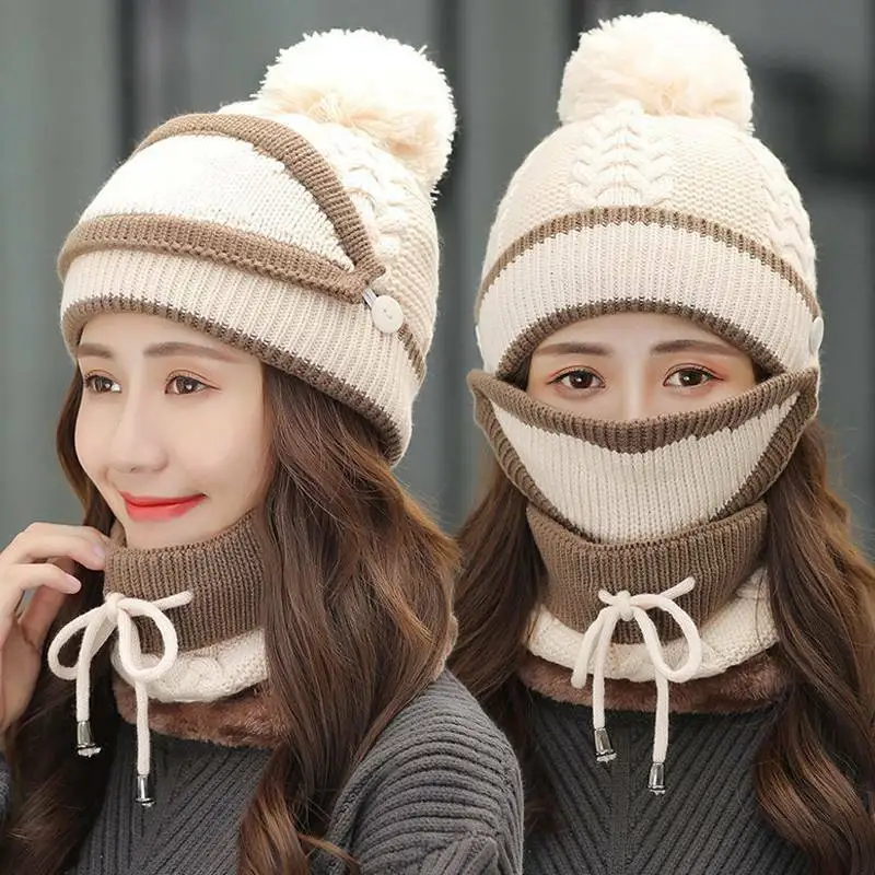 

3Pcs Ladies Winter Knitted Hat Thick Woolen Cap + Face Mask + Neck Warmer Scarf