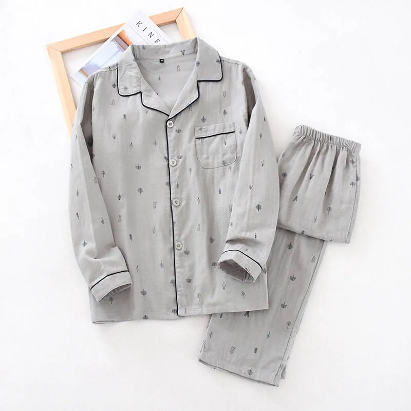 Spring And Summer New Men's Pajamas Set Solid Color Simple Style Sapling Printed Turn-down Collar Sleepwear Men Loose Homewar