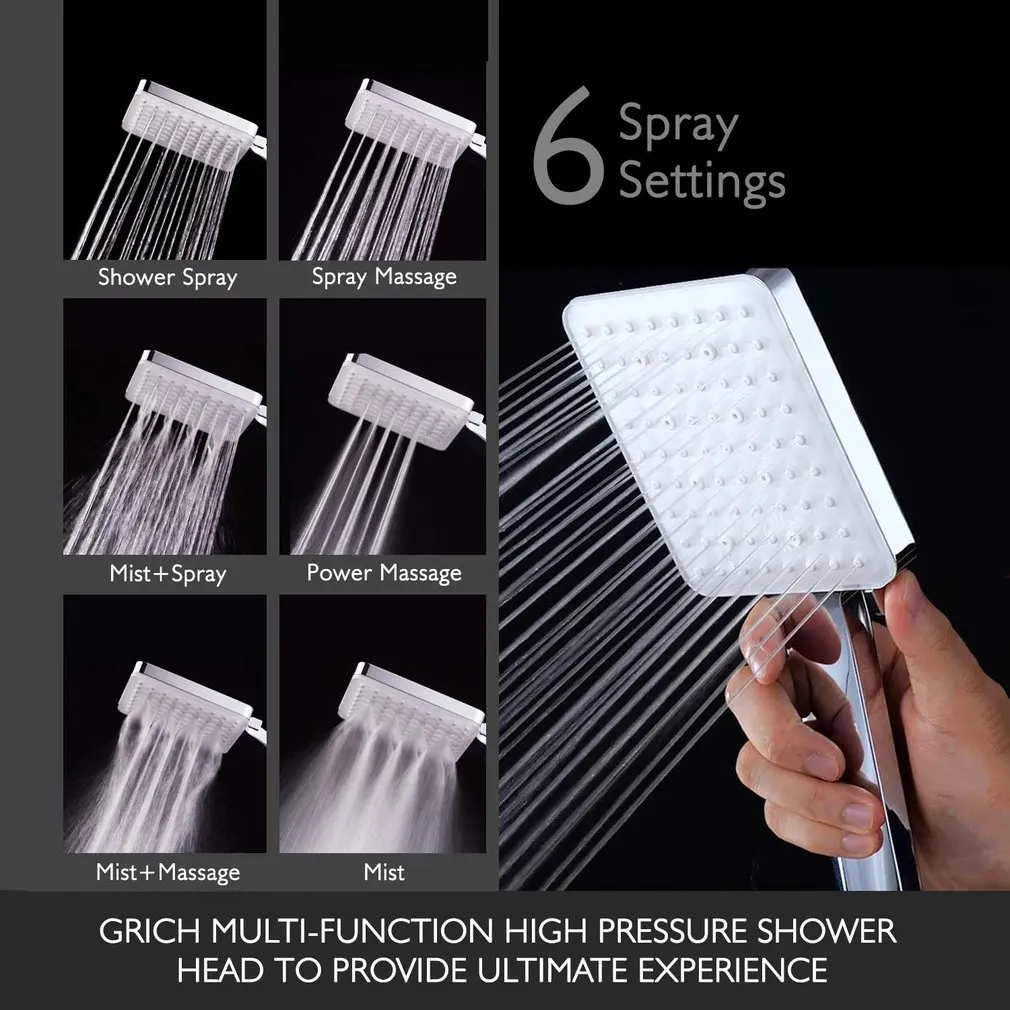 

Square Shower Head Set With Hose Lightweight Handhold High Pressure Shower 6 Spary Mode Universal For Relax Shower