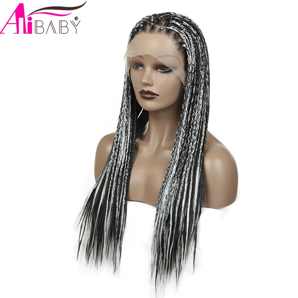 Long Synthetic Lace Front Wig Box Braids Ombre Grey Lace Wig  Heat Resistant Braided Hair Wig For Women New Fashion Alibaby