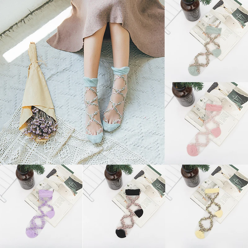 

Breathable Thin Socks Summer Women Transparent Lace Silk Crystal Rose Flower Socks Girls Elastic Short Socks New Sox See Through
