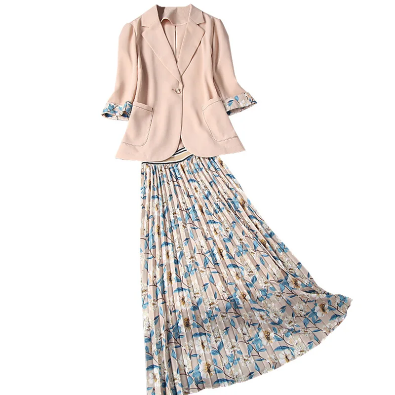 

2020 Spring Fashion Women's Skirt Suit Turn Down Collar Patchwork Blazer High Waist Long Pleated Skirt Two Piece Set