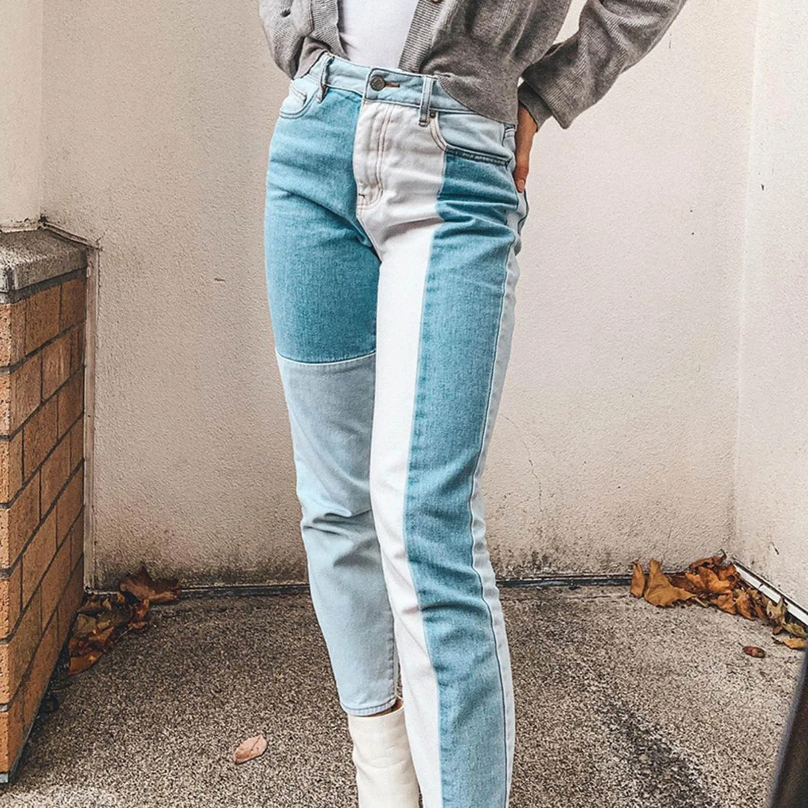 

Women's Straight Leg High Rise Contrast Jeans Patchwork Blue Ladies Jeans High Waist Woman Pants Streetwear Pantalones A20