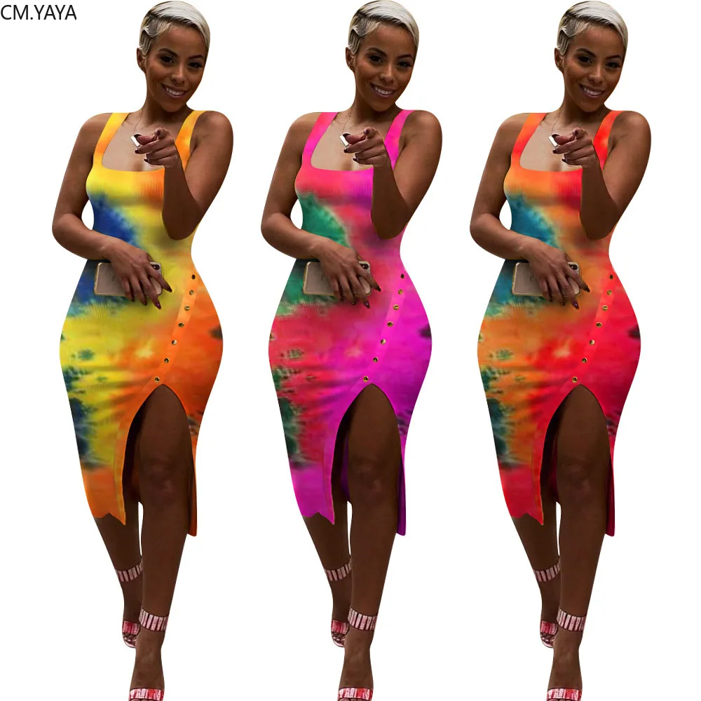 CM.YAYA Women Tie Dye Print Sleeveless O-neck Knitted Side Split Button Up Bodycon Midi Knee Length Pencil Tank Dress | Женская одежда