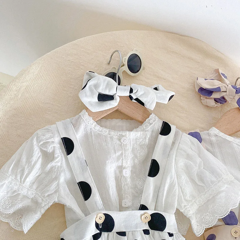 

MILANCEL 2021 Summer New Girls Suit Dot Loose Bloomer Solid Cotton Tees Korean Casual 2Pcs with Headband