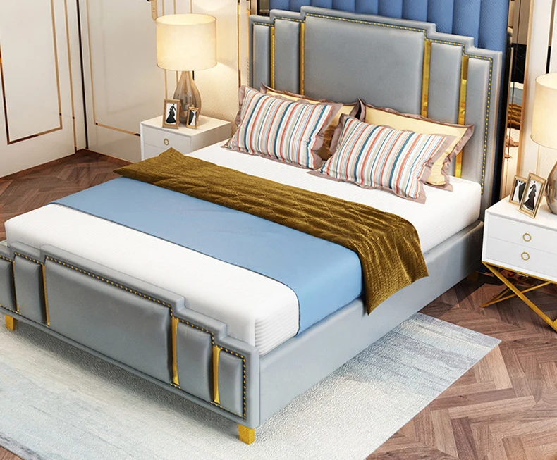 Роскошная Удобная двухместная кровать из металла и искусственной кожи