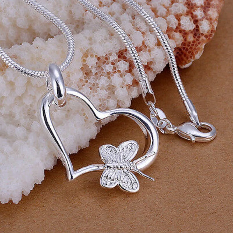 

New 925 Sterling Silver Jewelry Heart Butterfly Pendant Woman Necklace 18inch