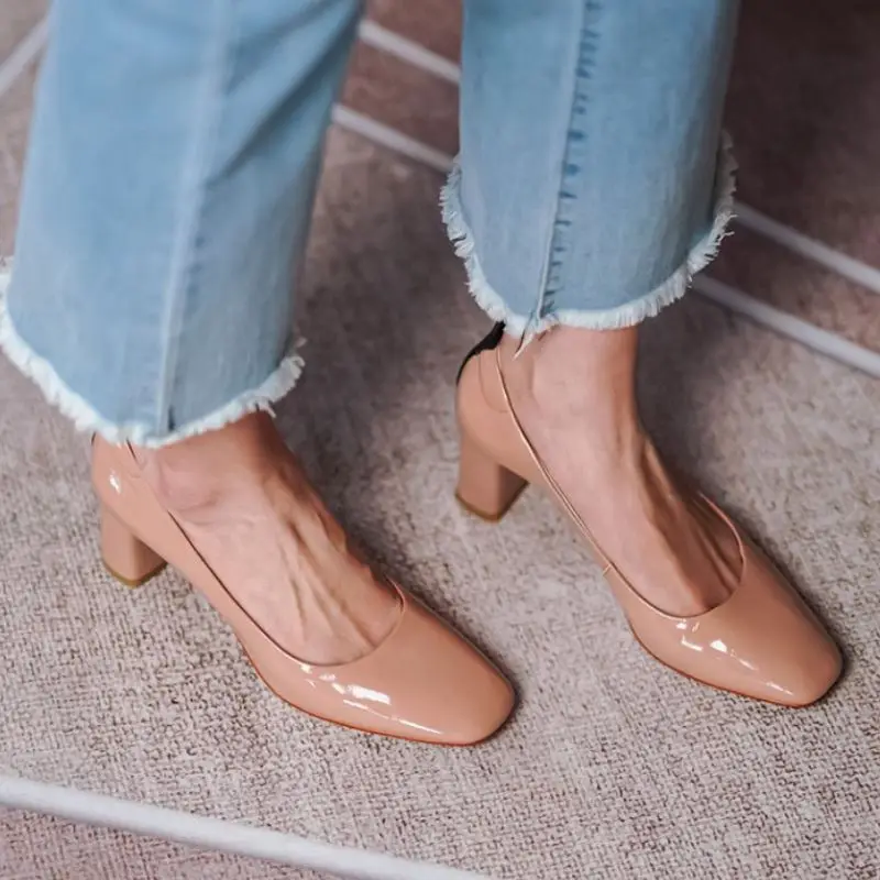 

KemeKiss Woman Pumps Patent Real Leather Square Toe Mixed Color Woman High Heel Shoes Fashion Elegant Party Shoes Size 33-40