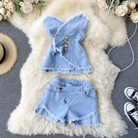 2021 new fashion sexy summer chic v neck denim tube top and ripped tassels short jean one set tz116