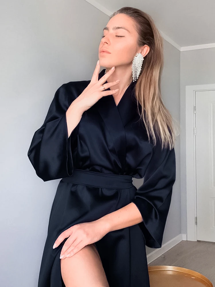 

Womens Solid Color Robe Home Suit Sleepwear Women Pajama Flare Sleeve Bathrobe Woman Lace Up Women's Nightgown Elegant Nightwear