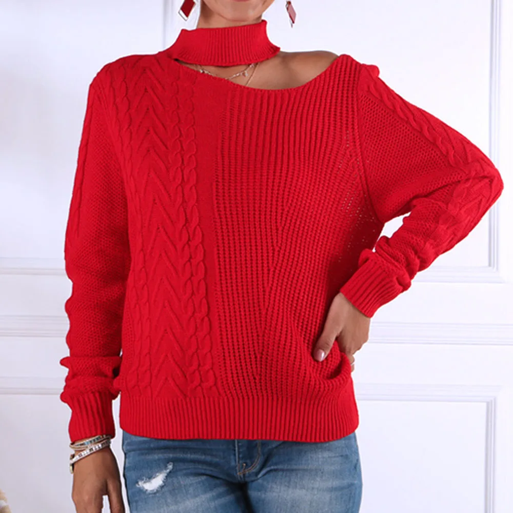 Женский свитер с открытыми плечами зимний однотонный вязаный пуловер женские