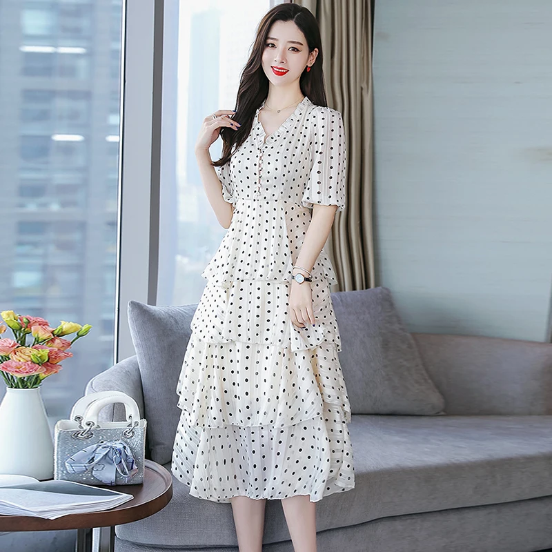 

women Dress 2019 New Summer Womens Short Sleeve Dot printing Boho Beach Holiday Party Dresses Elegant Chiffon Dress Vestidos