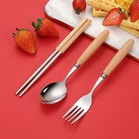 wooden handle stainless steel cutlery set dessert fork chopsticks spoons dinnerware with box portable childrens tableware