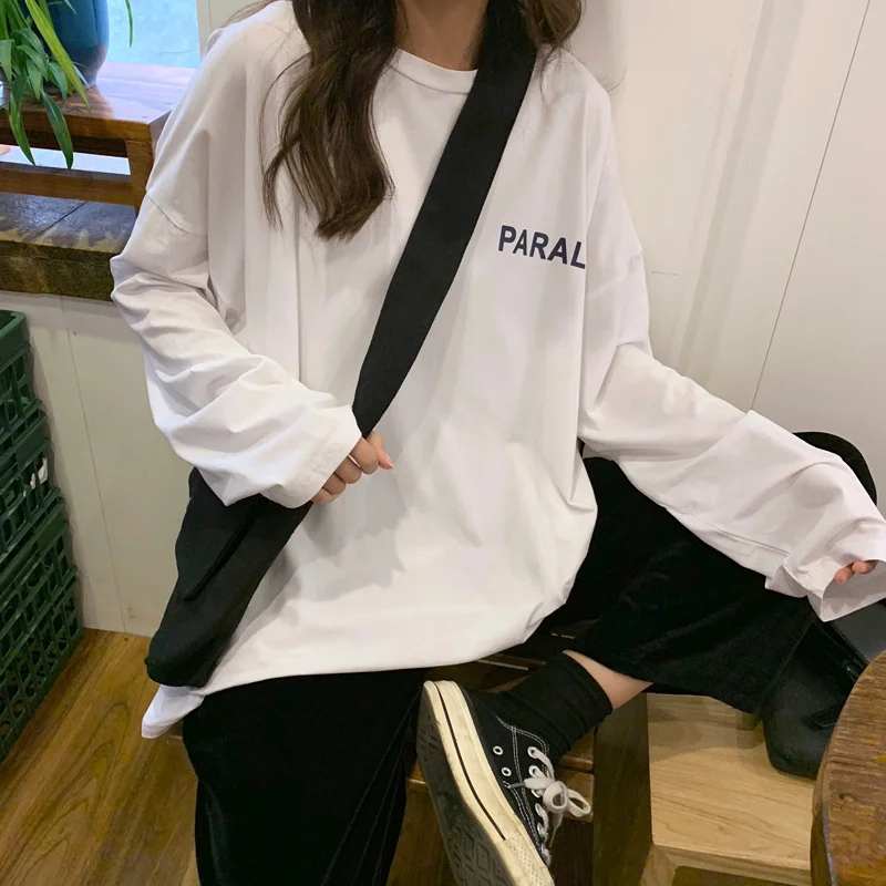 

Super Popular CEC Long-Sleeved T-shirt Women's Spring Korean-Style Mid-Length Harajuku BF Style Bottoming Shirt Ins Trendy