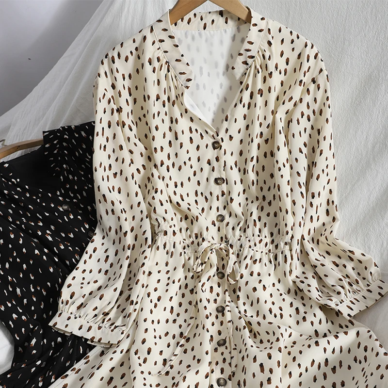 

LoveFlowerLife New Spring Autumn Casual A Line Polka Dot Puff Sleeve Dress O Neck Mid Calf High Waist Women Dresses