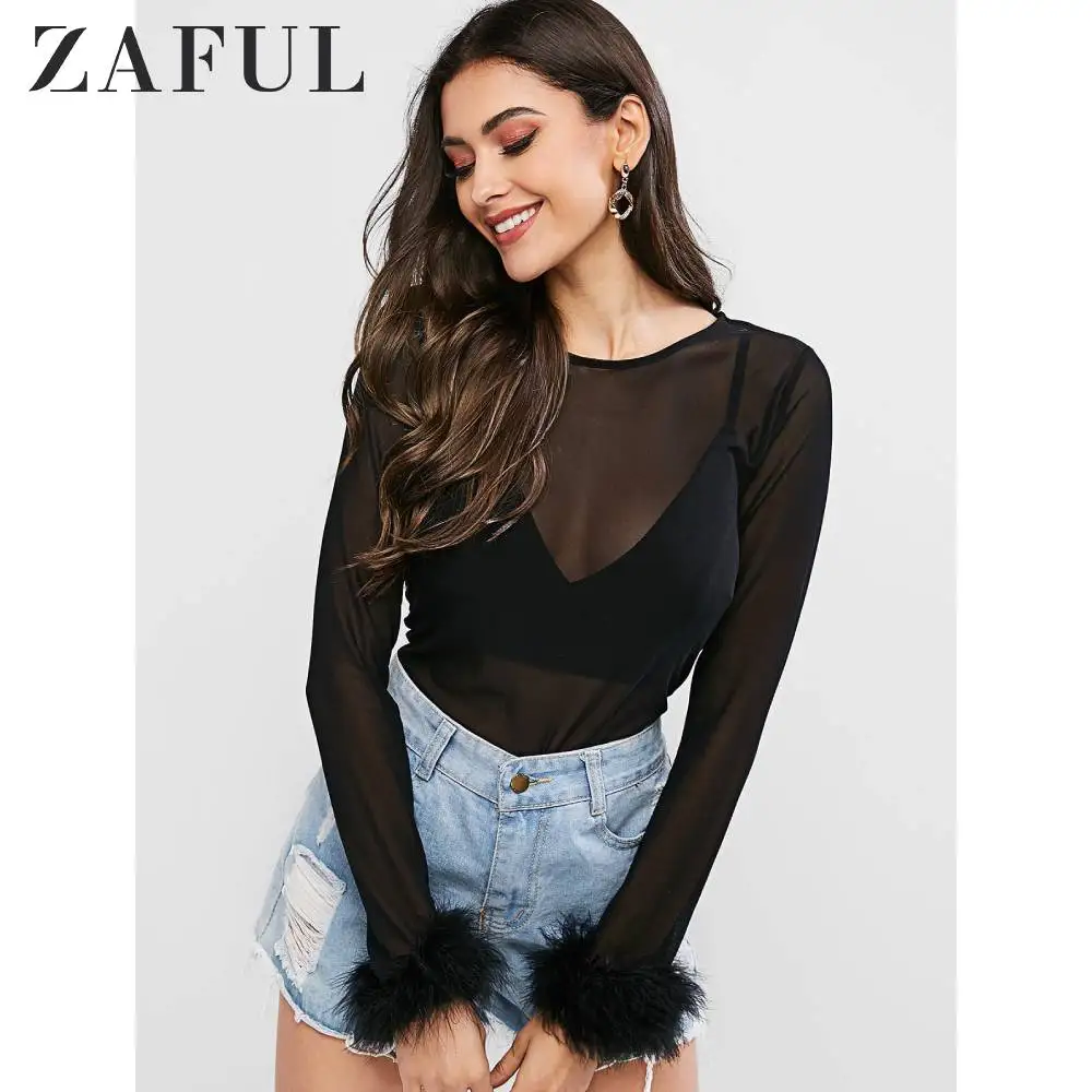 ZAFUL перьевые манжеты из прозрачной сетки с длинным рукавом топ круглым вырезом