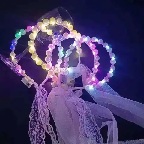 Цветная яркая трехскоростная светодиодная кружевная светящаяся Фата, светящаяся Свадебная Жемчужная Повязка на голову, головной убор