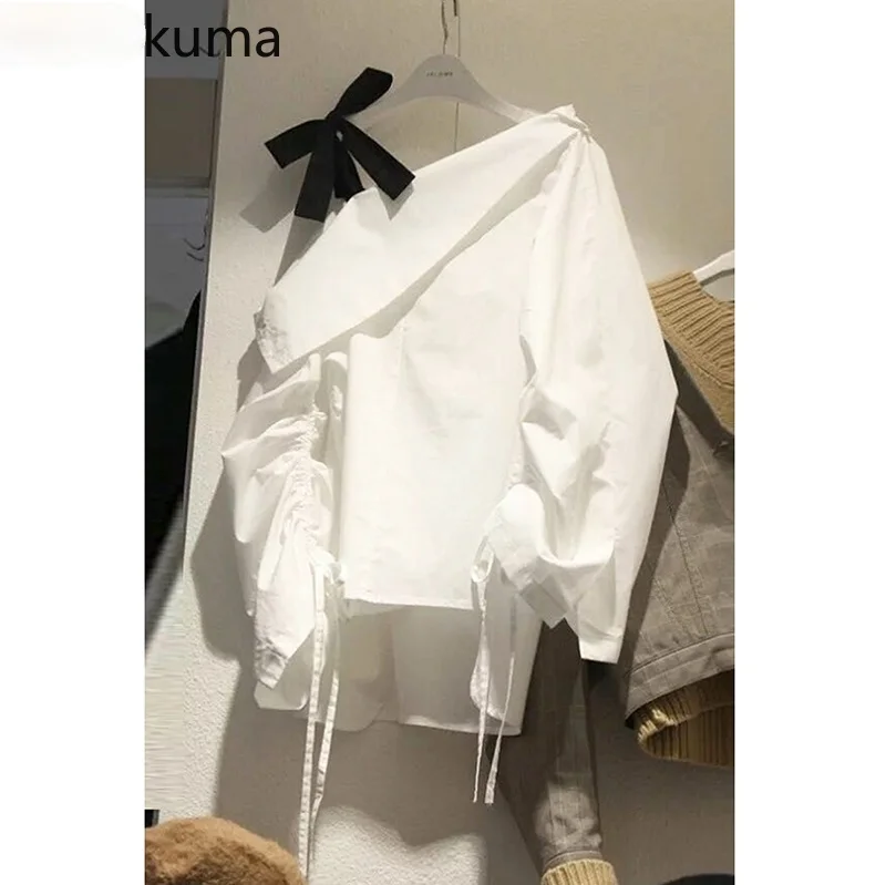 

2021 Spring Women Blouse Bow Tie Sexy Strapless Slash Neck Shirt New Drawstring Long Sleeve Causal Blusas Top