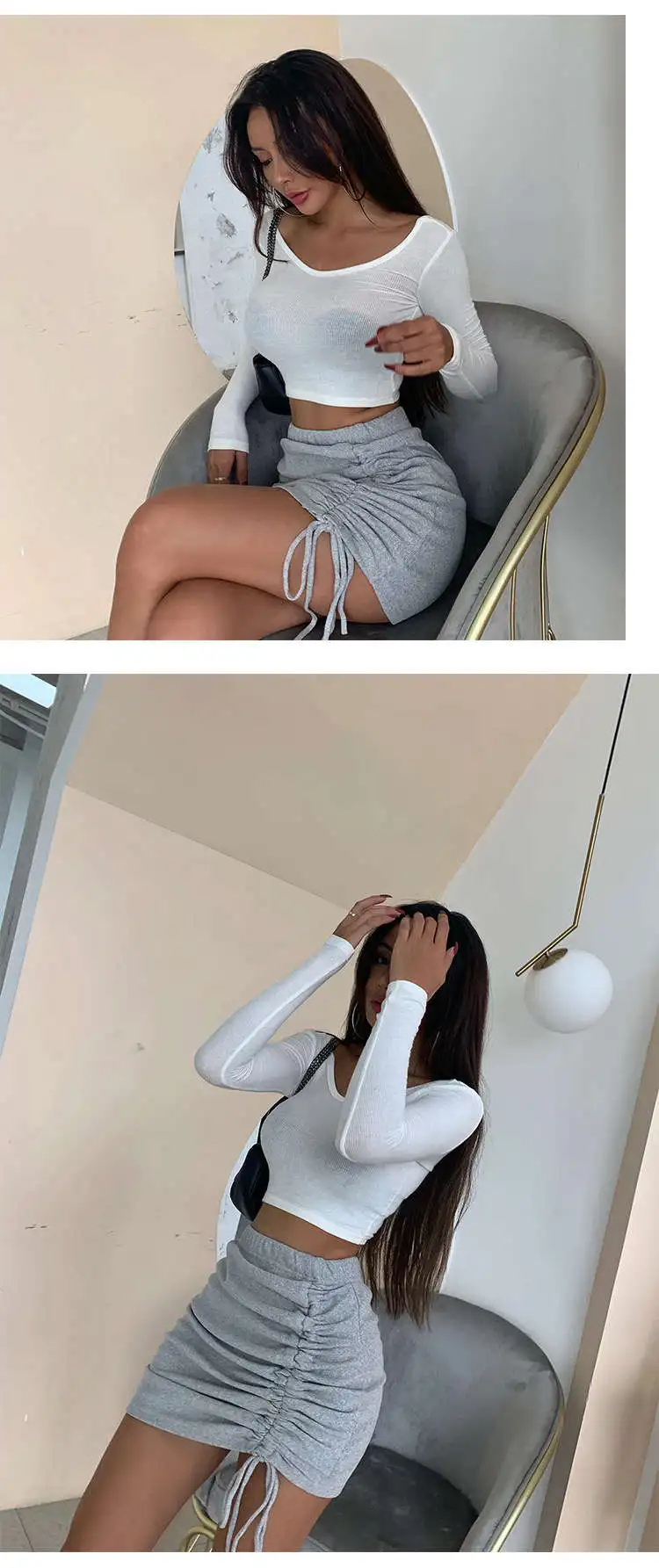 XIBANI Sexy low chest open back top women long sleeve tight bottoming shirt autumn shining nightclub clothing women short black