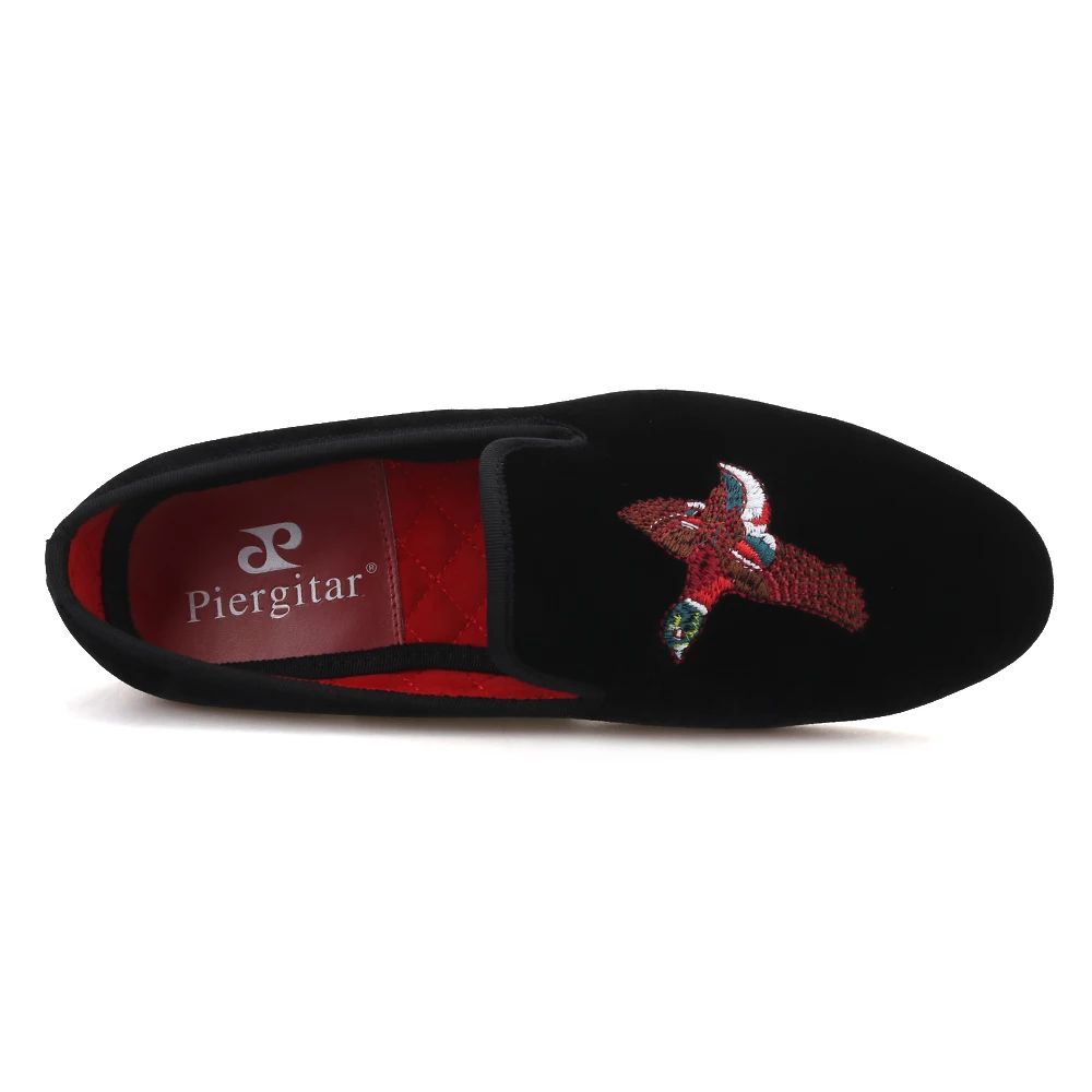 Piergitar handmade bird embroidery men velvet shoe party loafers banquet smoking slippers men's flats plus size | Обувь