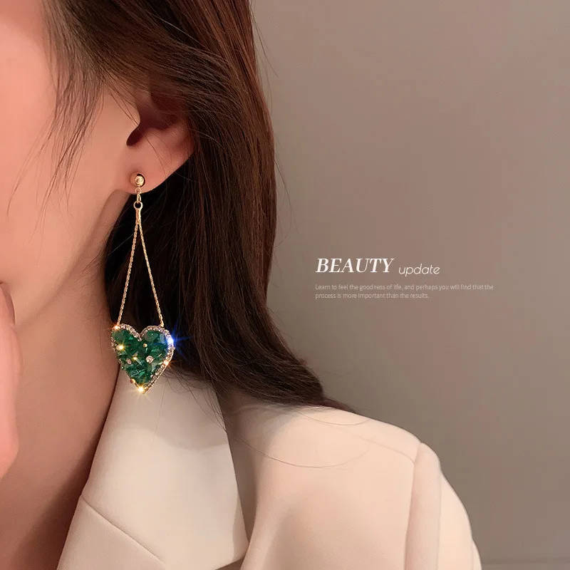 

925 Silver Needle Green Jade Crystal Rhinestone Heart-shaped Earrings Long Tassel Fashion High-end Niche Earrings Women