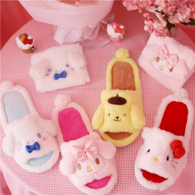 

Women Ladies Girls Casual Slippers Female Cartoon Hello Kittyed Cinnamorolled Melodyed Plush Cotton Shoe Soft Winter Warm Shoes