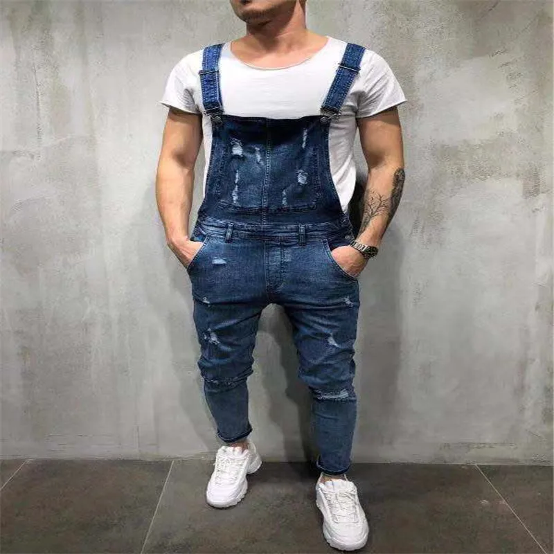 Men's Pants Large Size Overalls With Holes Micro-Elastic Blue And Black Fit Casual Fashion Fit Tight Midwaist Jeans