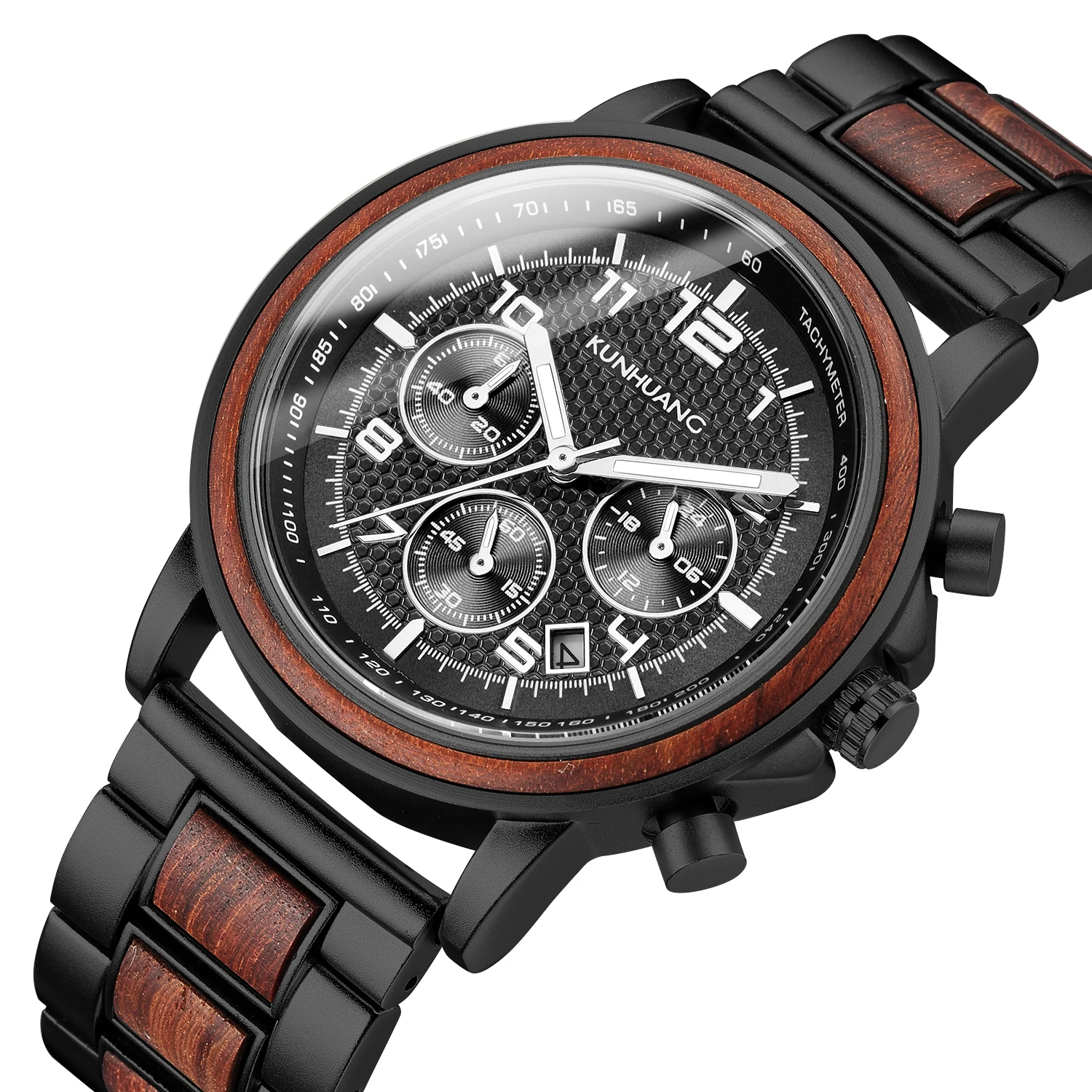 Kunhuang Wood Watch for Man Multi-Functional Timepiece Chronograph Clock Military Luminous Sport Quartz Wristwatch