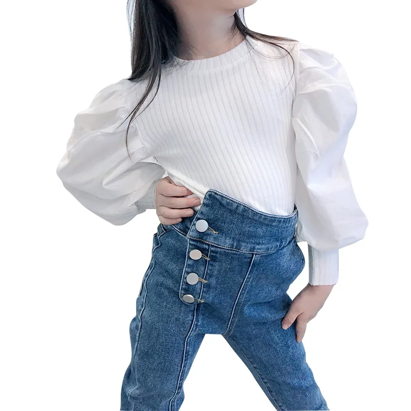 

Fashion Baby Girls O-Neck Puff Sleeve Blouses Korean Kids Autumn Clothes Children's Back To School White Shirts Toddler Kid Tops