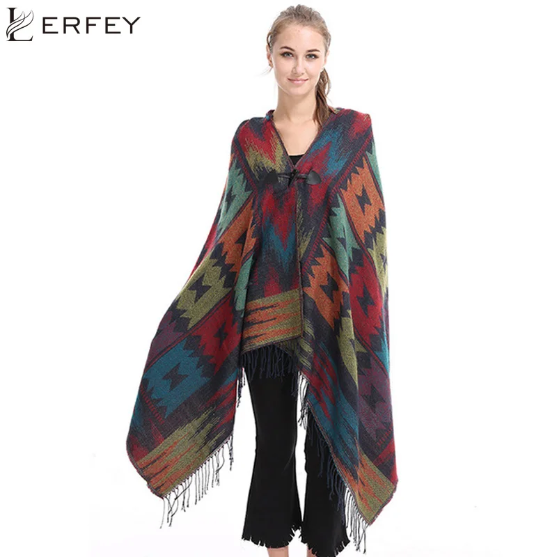 Женская накидка пончо LERFEY этническая с геометрическим рисунком вязаный кардиган