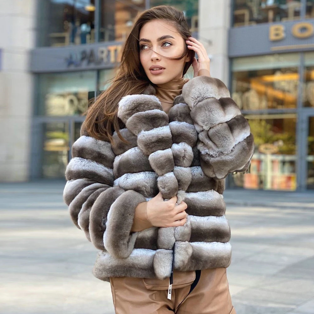 Women Natural Rex Rabbit Fur Jacket with Turn-down Collar 2022 Winter Trendy Genuine Full Pelt Rex Rabbit Fur Coat Female Outfit