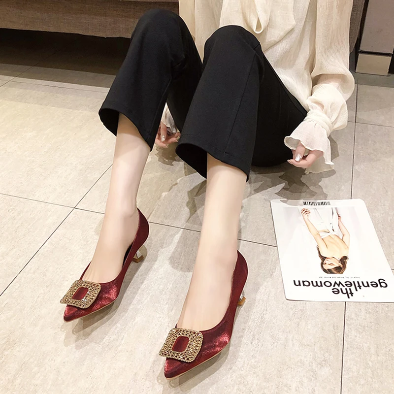 

Women Shoes 2021 Spring Pumps Latest High Heels Pointed Toe Sweet Lace-Up Shallow Mouth Slip On Sandals Ladies New Spikes Brief