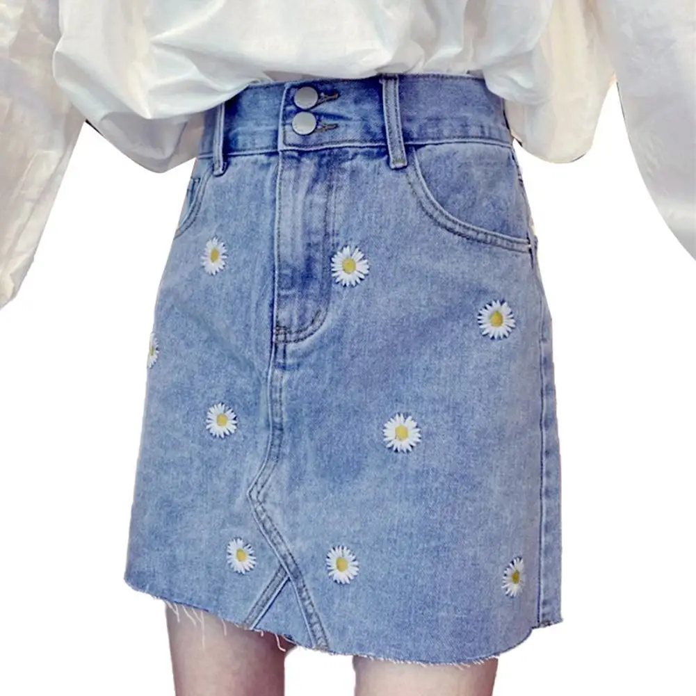 

Sexy Women Denim Mini Skirt High Waist Hip Skirt Fashion Women Marguerite Embroidery High Waist A Line Loose Demin Mini Skirt