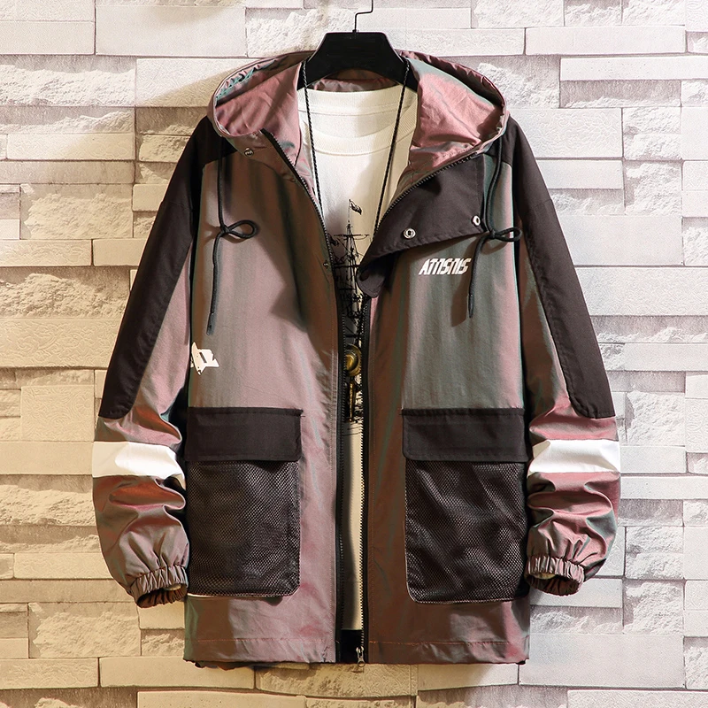 

Men Streetwear Reflective Jackets Windbreaker 2021 Autumn Mens Harajuku Patchwork Hip Hop Jackets Vintage Cargo Bomber Jackets