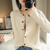 womens round neck knitted twist cardigan button long sleeve loose spring autumn and winter elegant jacket pure wool korean top