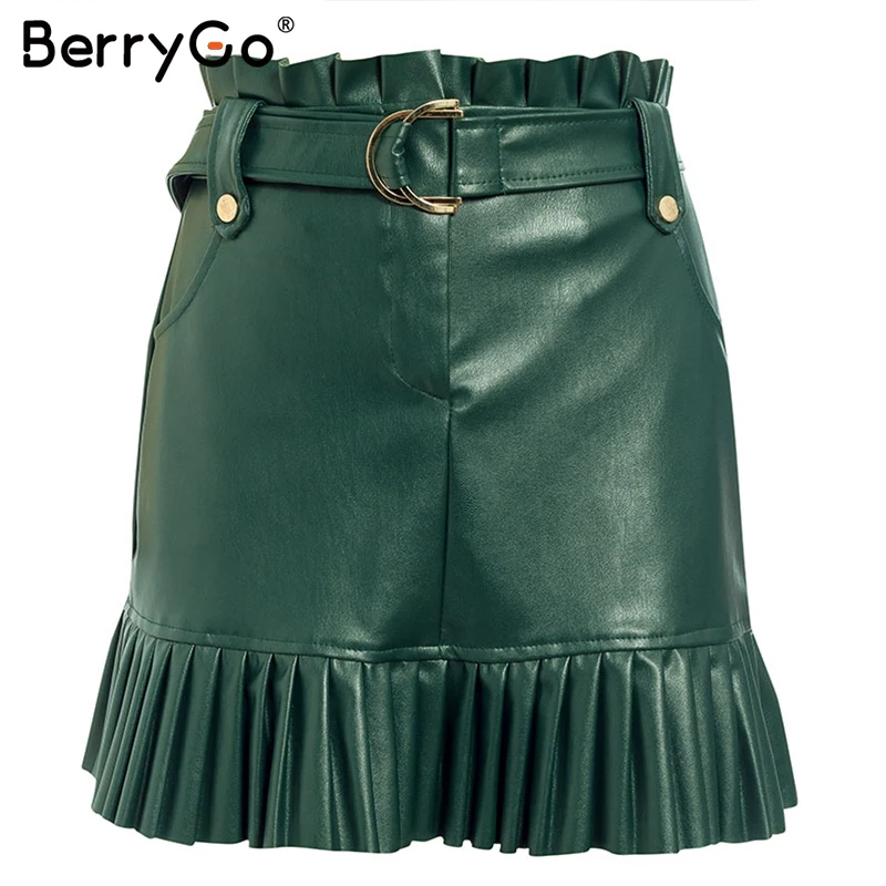 

BerryGo Autumn ruffled high waist female short skirt A-line Party club wear ladies skirts Sexy sash belt PU leather women skirt