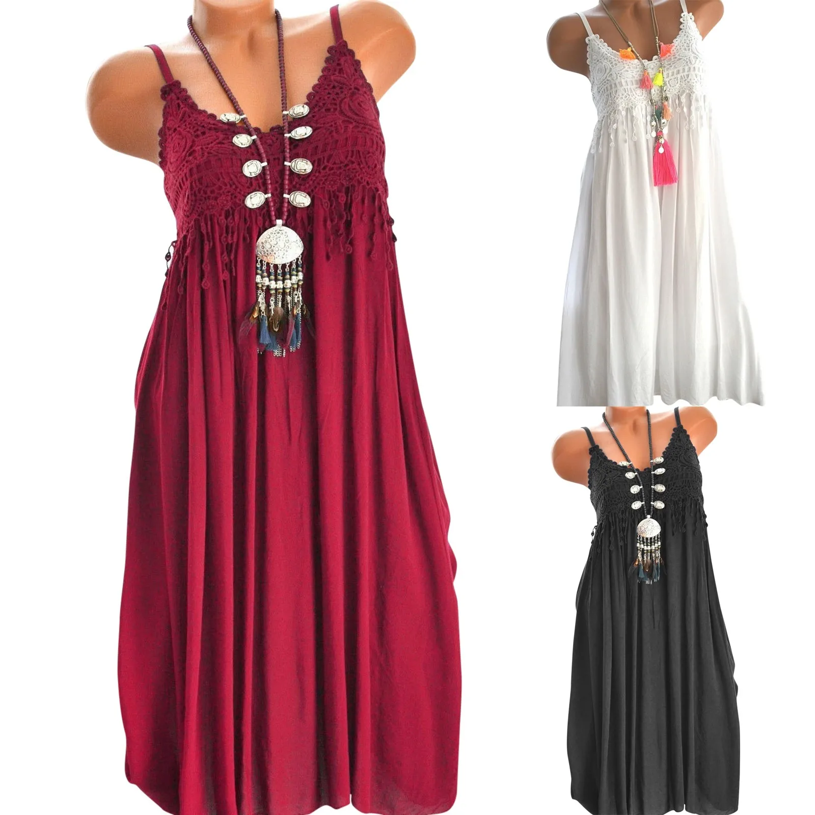 

Fashion High Quality Women's Dress Casual Lace Hollow Sleeveless Loose Spaghetti Trap Female Dresses Party Sexy Clubwear 2021