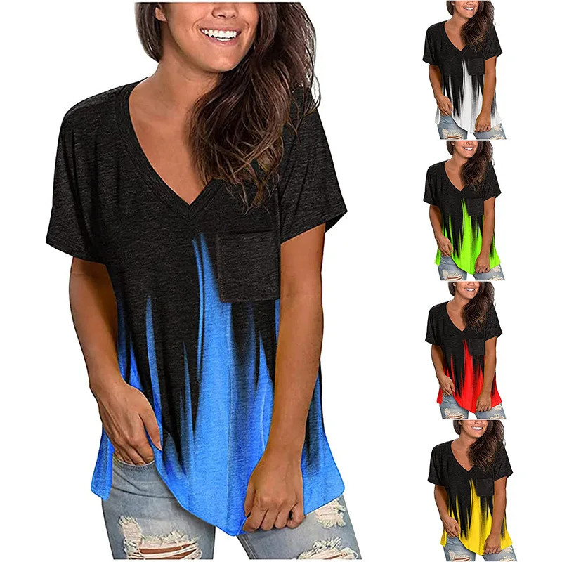 

Women T Shirt Printed V-neck Pocket Loose Short Sleeve Top Women's T-shirt Fashion Summer Top Tees Loose Streetwear Ladies Top