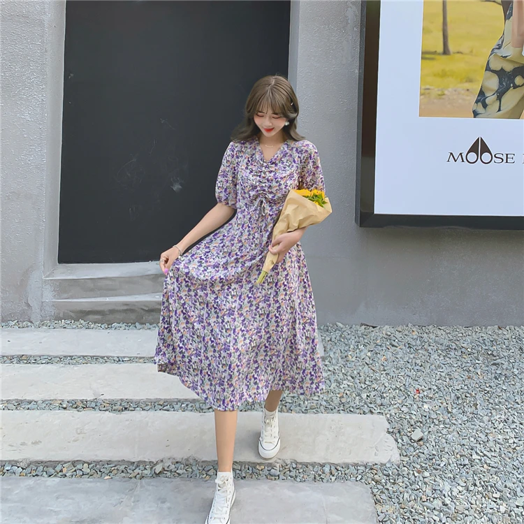 

Uulutonica Summer Women Bohemian Short A-Line Floral Printing Empire V-Neck Pullover Chiffon Mid-Calf Dress