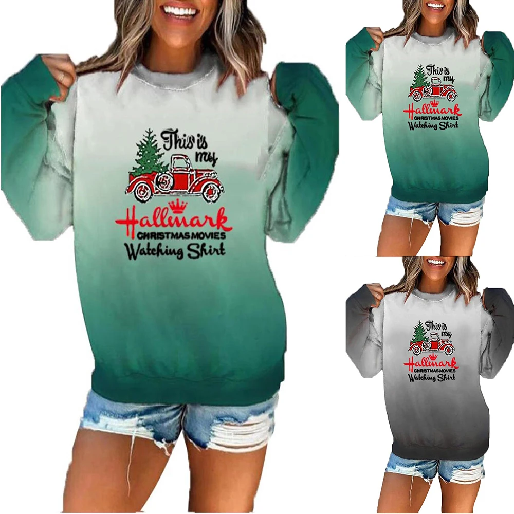 

Autumn Xmas Tee Tops Womens Christmas Print T-shirt Ladies Xmas Long Sleeve Pullover Blouses