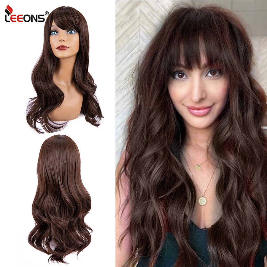 

Leeons 22Inch Long Black Wigs Cosplay Body Wave Synthetic Wigs With Bangs For White/Black Women Heat Resistant Daily Cosplay Wig
