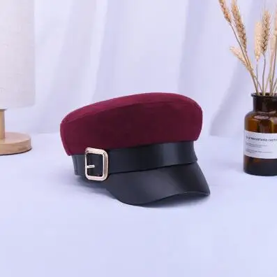 Новые женские черные армейские кепки осенне-зимний модный шерстяной из искусственной кожи Лоскутная кепка газетчика с поясом женские Gorras - Цвет: wine red