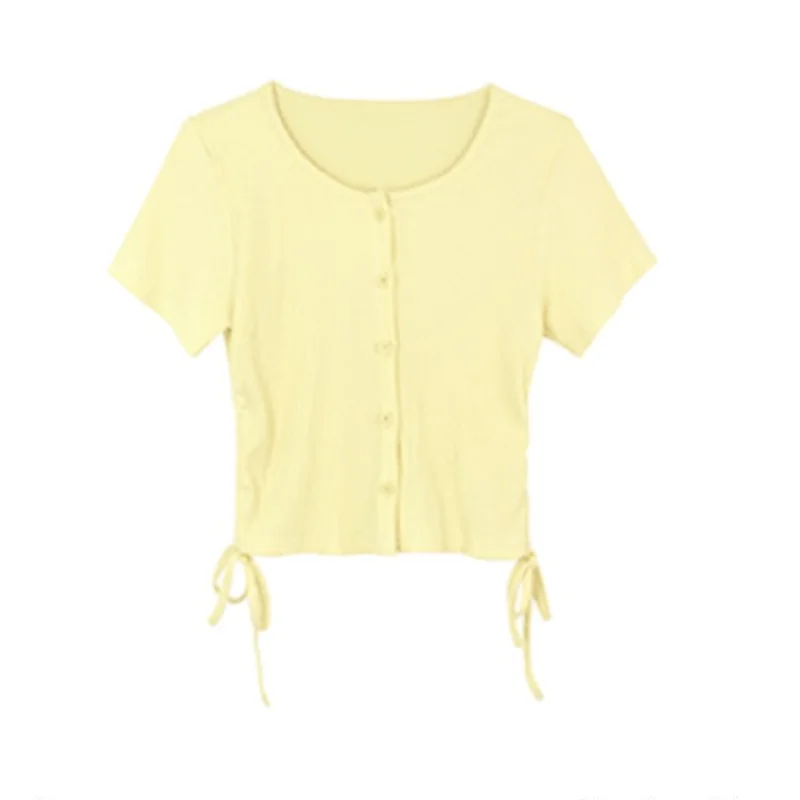 

Womens T-shirts Solid Turn-down Collar Single Breasted Slim Sexy Streetwear Drawstring Casual Simple Cropped Tops Tees 80172