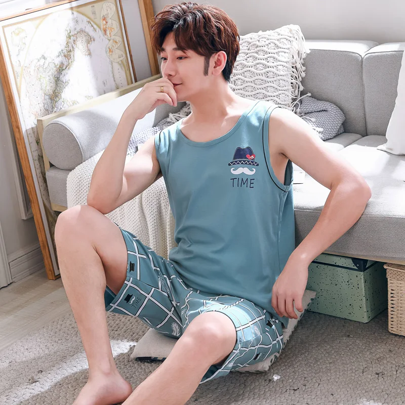

Newest Summer Cotton Men's Vest Pajama Set Men Pajamas Cartoon Casual Plus Size L-4XL Sleepwear Homewear Pyjama Homme