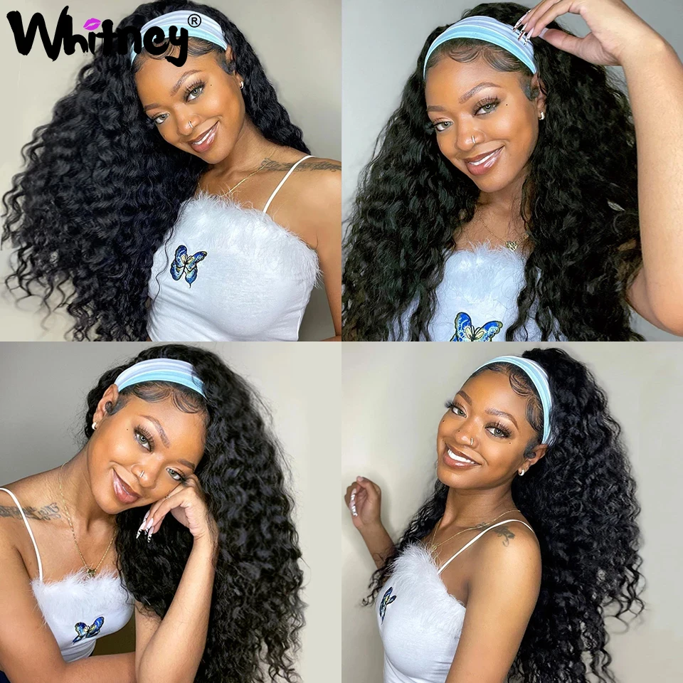 

Deep Wave Wig Headband Wig Natural Color 180% Density Mongolian Loose Deep Wave Human Hair Wigs Scarf Wig For Black Women Girl